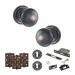 Atlantic Old English Harrogate Door Knob Pack (Lock Set - 3" Latch & Deadlock, 3" Fire Rated Hinges x3) - Antique Copper