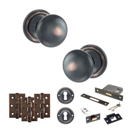 Atlantic Old English Harrogate Door Knob Pack (Lock Set - 3" Latch & Deadlock, 3" Fire Rated Hinges x3) - Antique Copper