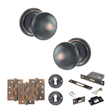 Atlantic Old English Harrogate Door Knob Pack (Lock Set - 3" Latch & Deadlock, 4" Fire Rated Hinges x3) - Antique Copper