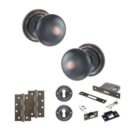 Atlantic Old English Harrogate Door Knob Pack (Lock Set - 3" Latch & Deadlock, 4" Slim Knuckle Hinges x2) - Antique Copper