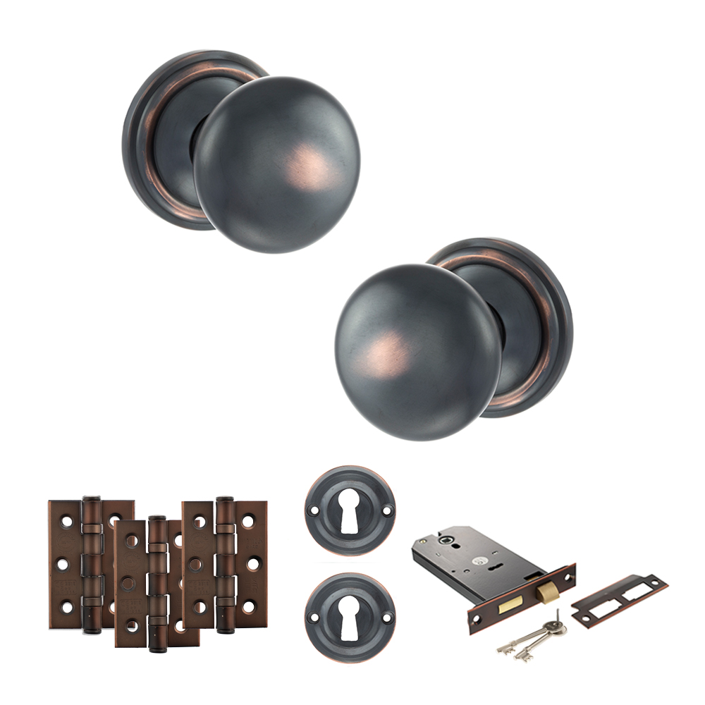 ADPOE58MMKAC69_OLD-ENGLISH-HARROGATE-ANTIQUE-COPPER.jpg Atlantic Old English Harrogate Door Knob Pack (Lock Set - Horizontal Sashlock, 3" Fire Rated Hinges x3) - Antique Copper - Image 1