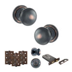 Atlantic Old English Harrogate Door Knob Pack (Lock Set - Horizontal Bathlock, 3" Fire Rated Hinges x3) - Antique Copper