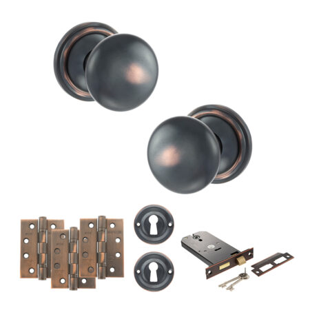 Atlantic Old English Harrogate Door Knob Pack (Lock Set - Horizontal Sashlock, 4" Fire Rated Hinges x3) - Antique Copper