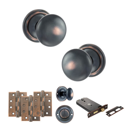 Atlantic Old English Harrogate Door Knob Pack (Lock Set - Horizontal Bathlock, 4" Fire Rated Hinges x3) - Antique Copper