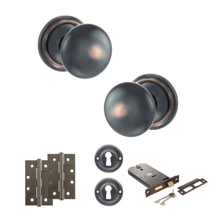 Atlantic Old English Harrogate Door Knob Pack (Lock Set - Horizontal Sashlock, 4" Slim Knuckle Hinges x2) - Antique Copper