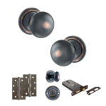 Atlantic Old English Harrogate Door Knob Pack (Lock Set - Horizontal Bathlock, 4" Slim Knuckle Hinges x2) - Antique Copper