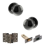 Atlantic Old English Harrogate Door Knob Pack (Latch Set - 4" HD Latch, 3" Fire Rated Hinges x3) - Black Nickel