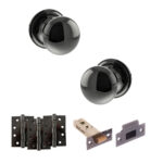 Atlantic Old English Harrogate Door Knob Pack (Latch Set - 3" HD Latch, 4" Fire Rated Hinges x3) - Black Nickel