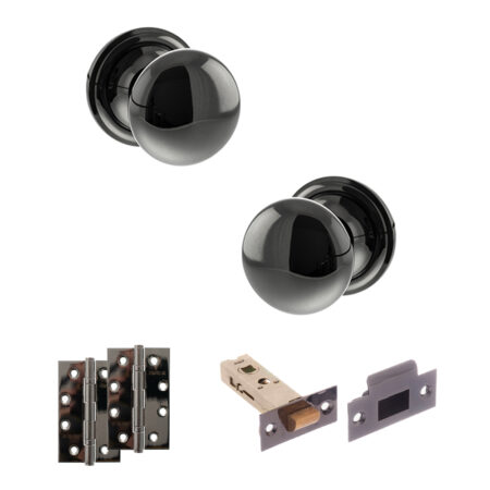 Atlantic Old English Harrogate Door Knob Pack (Latch Set - 3" HD Latch, 4" Slim Knuckle Hinges x2) - Black Nickel