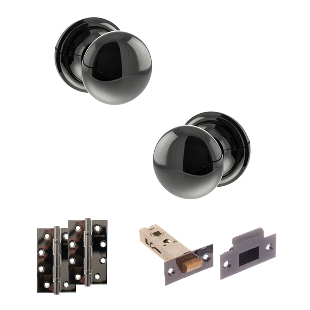 ADPOE58MMKBN58_OLD-ENGLISH-HARROGATE-BLACK-NICKEL.jpg Atlantic Old English Harrogate Door Knob Pack (Latch Set - 3" HD Latch, 4" Slim Knuckle Hinges x2) - Black Nickel - Image 1