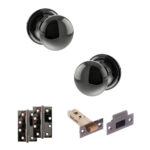 Atlantic Old English Harrogate Door Knob Pack (Latch Set - 4" HD Latch, 4" Slim Knuckle Hinges x2) - Black Nickel