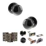 Atlantic Old English Harrogate Door Knob Pack (Bathroom Set - 4" Deadbolt, 3" Fire Rated Hinges x3) - Black Nickel