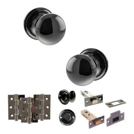 Atlantic Old English Harrogate Door Knob Pack (Bathroom Set - 4" Deadbolt, 3" Fire Rated Hinges x3) - Black Nickel
