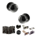 Atlantic Old English Harrogate Door Knob Pack (Bathroom Set - 4" Deadbolt, 4" Fire Rated Hinges x3) - Black Nickel