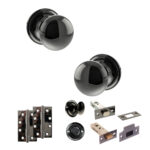 Atlantic Old English Harrogate Door Knob Pack (Bathroom Set - 4" Deadbolt, 4" Slim Knuckle Hinges x2) - Black Nickel