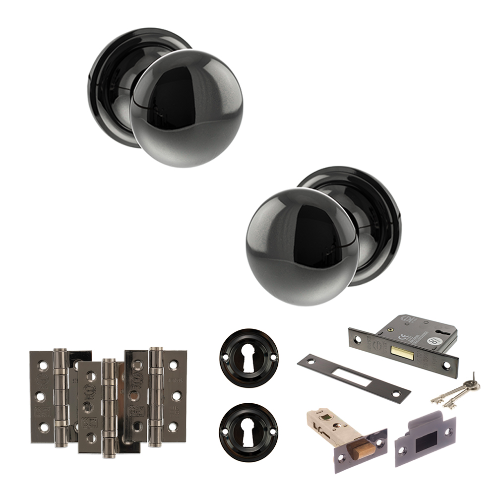 ADPOE58MMKBN66_OLD-ENGLISH-HARROGATE-BLACK-NICKEL.jpg Atlantic Old English Harrogate Door Knob Pack (Lock Set - 3" Latch & Deadlock, 3" Fire Rated Hinges x3) - Black Nickel - Image 1