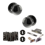 Atlantic Old English Harrogate Door Knob Pack (Lock Set - 3" Latch & Deadlock, 4" Fire Rated Hinges x3) - Black Nickel