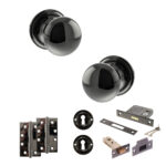 Atlantic Old English Harrogate Door Knob Pack (Lock Set - 3" Latch & Deadlock, 4" Slim Knuckle Hinges x2) - Black Nickel