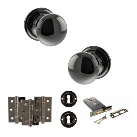 Atlantic Old English Harrogate Door Knob Pack (Lock Set - Horizontal Sashlock, 3" Fire Rated Hinges x3) - Black Nickel