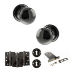 Atlantic Old English Harrogate Door Knob Pack (Lock Set - Horizontal Sashlock, 4" Fire Rated Hinges x3) - Black Nickel