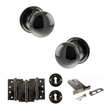Atlantic Old English Harrogate Door Knob Pack (Lock Set - Horizontal Sashlock, 4" Fire Rated Hinges x3) - Black Nickel