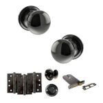 Atlantic Old English Harrogate Door Knob Pack (Lock Set - Horizontal Bathlock, 4" Fire Rated Hinges x3) - Black Nickel