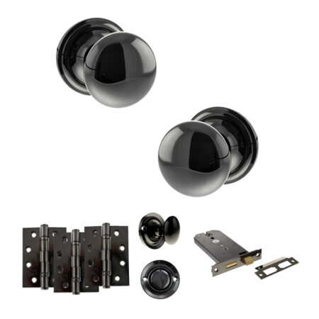 Atlantic Old English Harrogate Door Knob Pack (Lock Set - Horizontal Bathlock, 4" Fire Rated Hinges x3) - Black Nickel