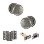 Atlantic Old English Harrogate Door Knob Pack (Latch Set - 3" HD Latch, 3" Fire Rated Hinges x3) - Distressed Silver
