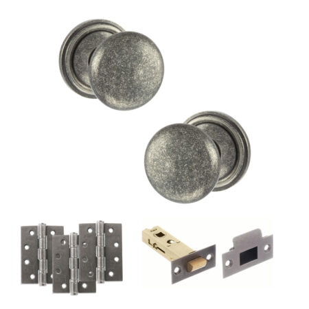 Atlantic Old English Harrogate Door Knob Pack (Latch Set - 3" HD Latch, 4" Fire Rated Hinges x3) - Distressed Silver