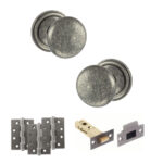 Atlantic Old English Harrogate Door Knob Pack (Latch Set - 4" HD Latch, 4" Fire Rated Hinges x3) - Distressed Silver