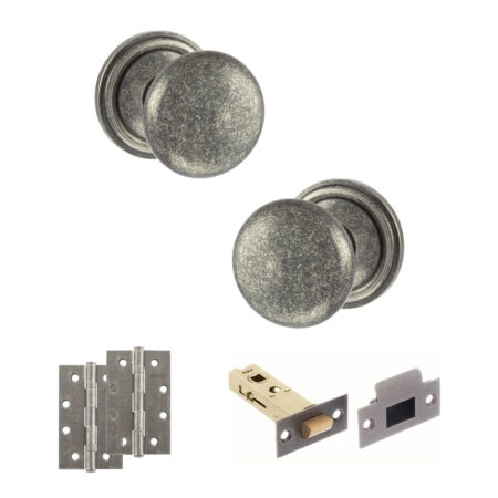 Atlantic Old English Harrogate Door Knob Pack (Latch Set - 4" HD Latch, 4" Slim Knuckle Hinges x2) - Distressed Silver