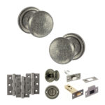 Atlantic Old English Harrogate Door Knob Pack (Bathroom Set - 3" Deadbolt, 3" Fire Rated Hinges x3) - Distressed Silver