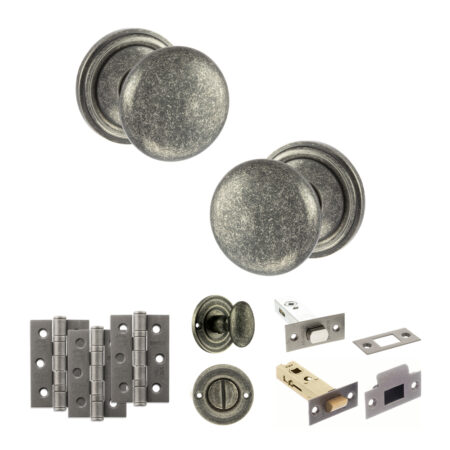 Atlantic Old English Harrogate Door Knob Pack (Bathroom Set - 3" Deadbolt, 3" Fire Rated Hinges x3) - Distressed Silver