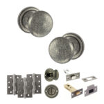 Atlantic Old English Harrogate Door Knob Pack (Bathroom Set - 3" Deadbolt, 4" Fire Rated Hinges x3) - Distressed Silver