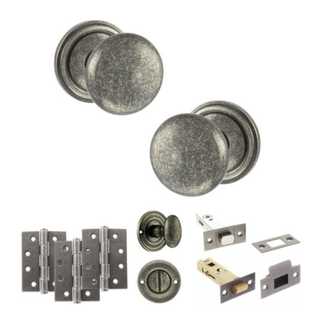 Atlantic Old English Harrogate Door Knob Pack (Bathroom Set - 4" Deadbolt, 4" Fire Rated Hinges x3) - Distressed Silver