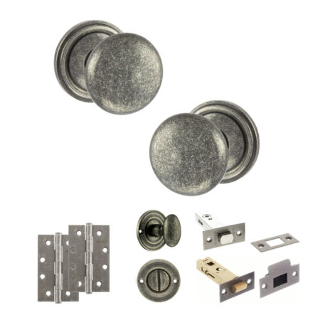 Atlantic Old English Harrogate Door Knob Pack (Bathroom Set - 3" Deadbolt, 4" Slim Knuckle Hinges x2) - Distressed Silver