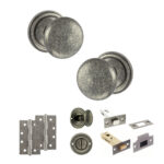 Atlantic Old English Harrogate Door Knob Pack (Bathroom Set - 4" Deadbolt, 4" Slim Knuckle Hinges x2) - Distressed Silver