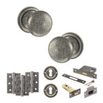 Atlantic Old English Harrogate Door Knob Pack (Lock Set - 3" Latch & Deadlock, 3" Fire Rated Hinges x3) - Distressed Silver