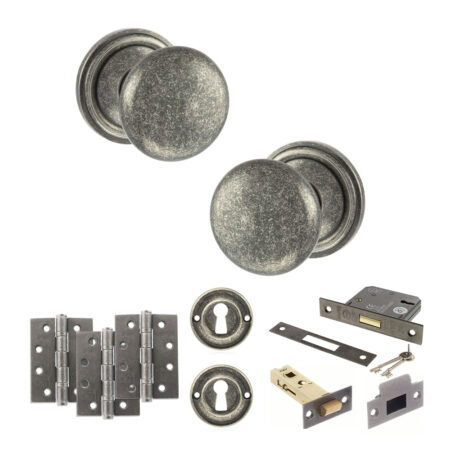 Atlantic Old English Harrogate Door Knob Pack (Lock Set - 3" Latch & Deadlock, 4" Fire Rated Hinges x3) - Distressed Silver