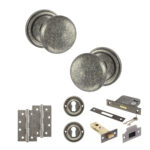 Atlantic Old English Harrogate Door Knob Pack (Lock Set - 3" Latch & Deadlock, 4" Slim Knuckle Hinges x2) - Distressed Silver