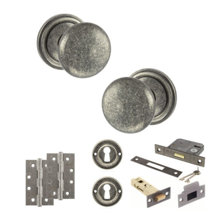 Atlantic Old English Harrogate Door Knob Pack (Lock Set - 3" Latch & Deadlock, 4" Slim Knuckle Hinges x2) - Distressed Silver