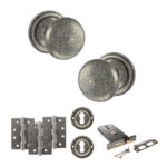 Atlantic Old English Harrogate Door Knob Pack (Lock Set - Horizontal Sashlock, 3" Fire Rated Hinges x3) - Distressed Silver