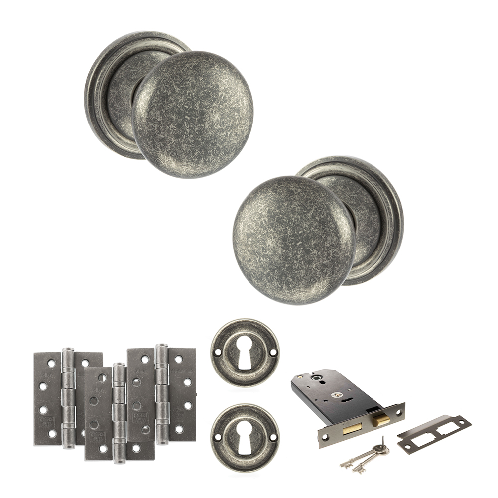 ADPOE58MMKDS69_OLD-ENGLISH-HARROGATE-DISTRESSED-SILVER.jpg Atlantic Old English Harrogate Door Knob Pack (Lock Set - Horizontal Sashlock, 3" Fire Rated Hinges x3) - Distressed Silver - Image 1