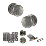 Atlantic Old English Harrogate Door Knob Pack (Lock Set - Horizontal Bathlock, 3" Fire Rated Hinges x3) - Distressed Silver