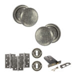Atlantic Old English Harrogate Door Knob Pack (Lock Set - Horizontal Sashlock, 4" Fire Rated Hinges x3) - Distressed Silver