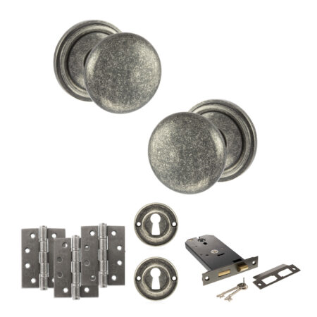 Atlantic Old English Harrogate Door Knob Pack (Lock Set - Horizontal Sashlock, 4" Fire Rated Hinges x3) - Distressed Silver
