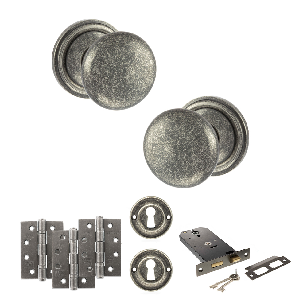 ADPOE58MMKDS71_OLD-ENGLISH-HARROGATE-DISTRESSED-SILVER.jpg Atlantic Old English Harrogate Door Knob Pack (Lock Set - Horizontal Sashlock, 4" Fire Rated Hinges x3) - Distressed Silver - Image 1