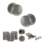 Atlantic Old English Harrogate Door Knob Pack (Lock Set - Horizontal Bathlock, 4" Fire Rated Hinges x3) - Distressed Silver