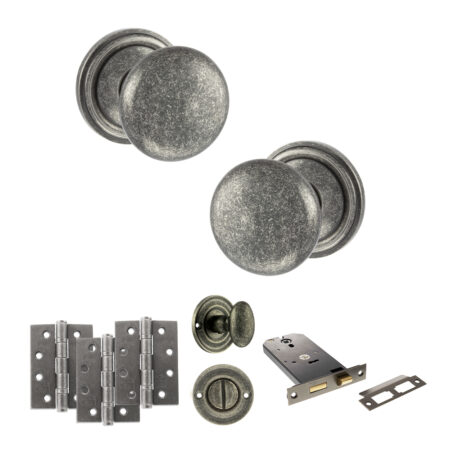 Atlantic Old English Harrogate Door Knob Pack (Lock Set - Horizontal Bathlock, 4" Fire Rated Hinges x3) - Distressed Silver