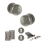 Atlantic Old English Harrogate Door Knob Pack (Lock Set - Horizontal Sashlock, 4" Slim Knuckle Hinges x2) - Distressed Silver